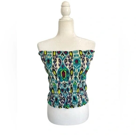 Anthropologie Green Ikat Print Smocked Tube Top - Picture 3 of 6
